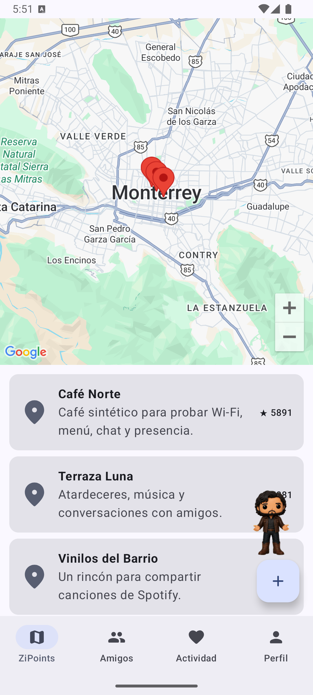 Mapa de ZiPoints con lugares activos en Monterrey