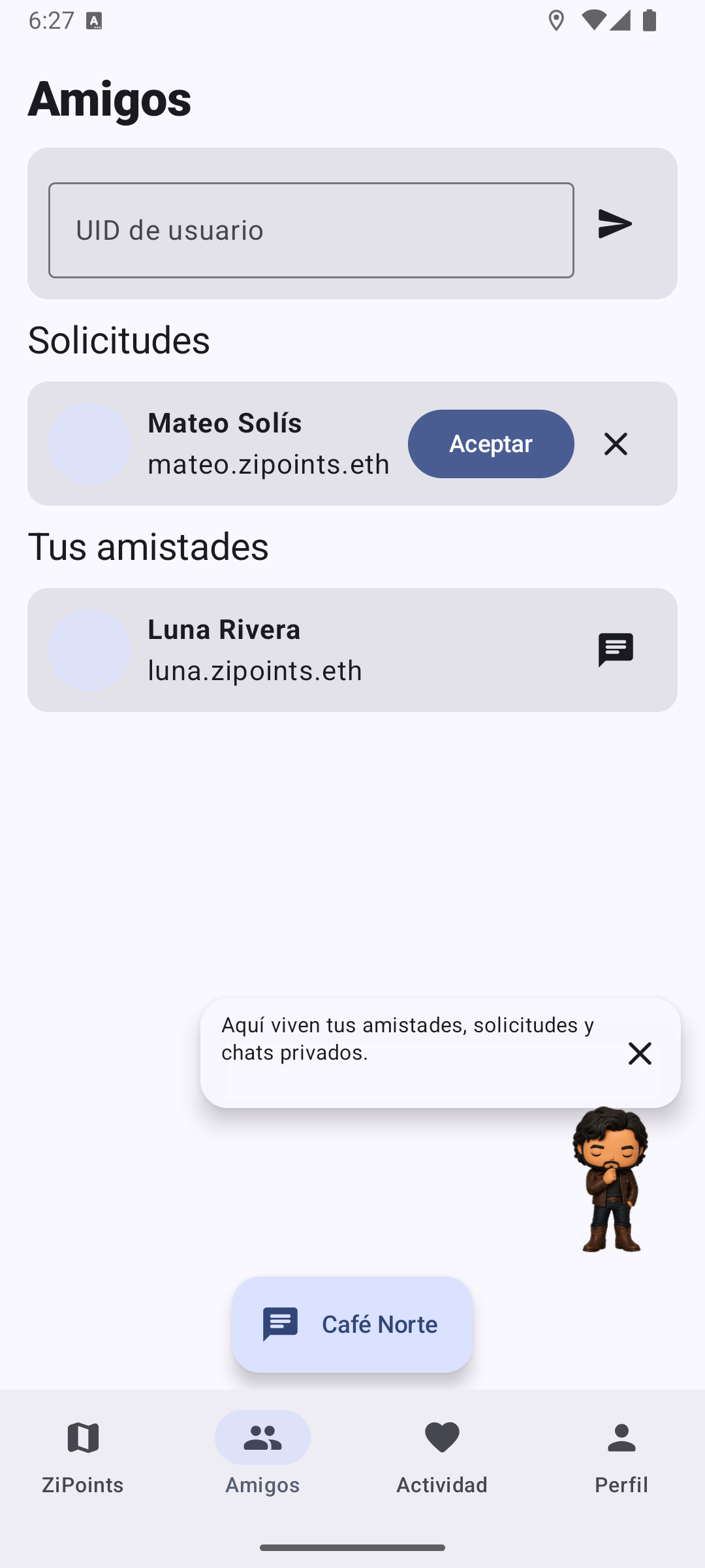 Amigos, solicitudes, chat local y guía Norte