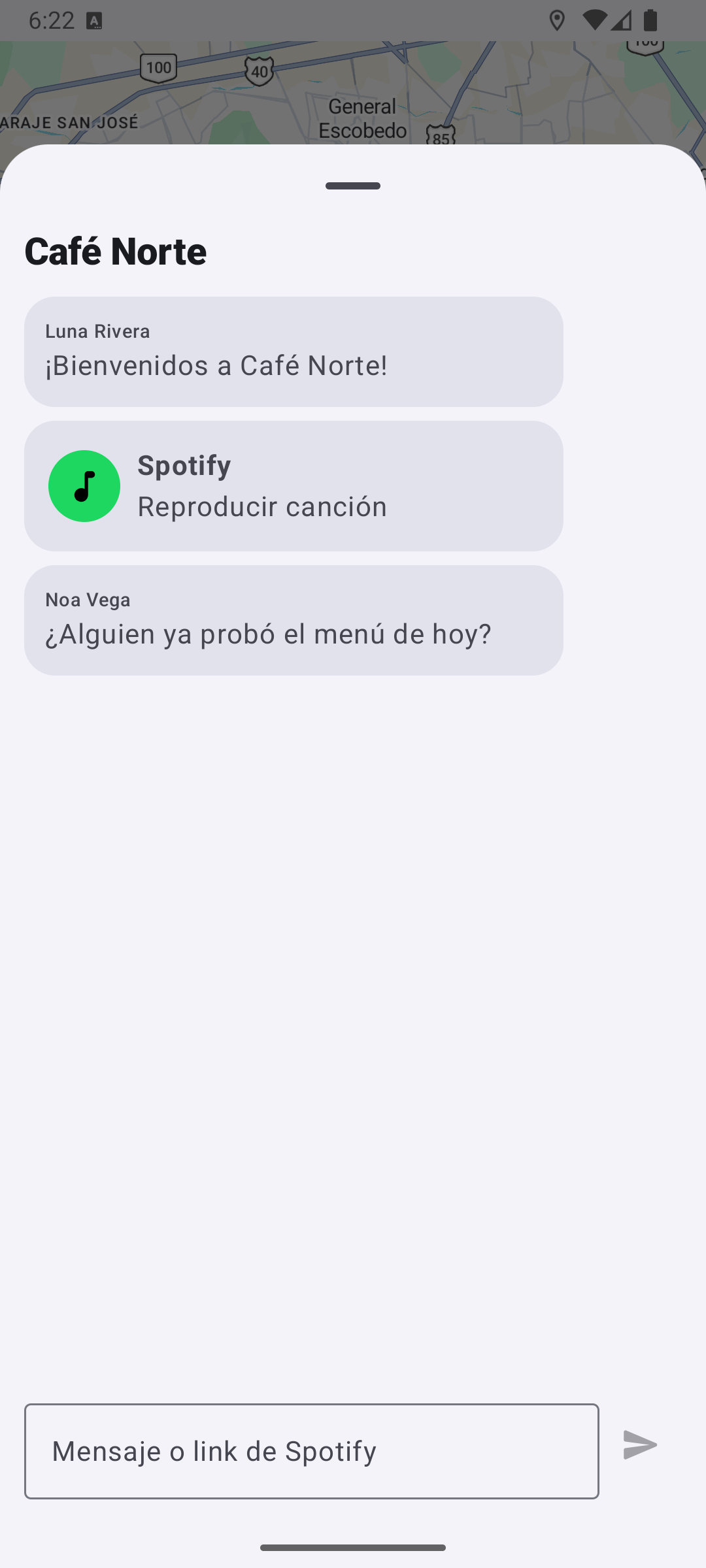 Chat activo de Café Norte con una canción de Spotify compartida